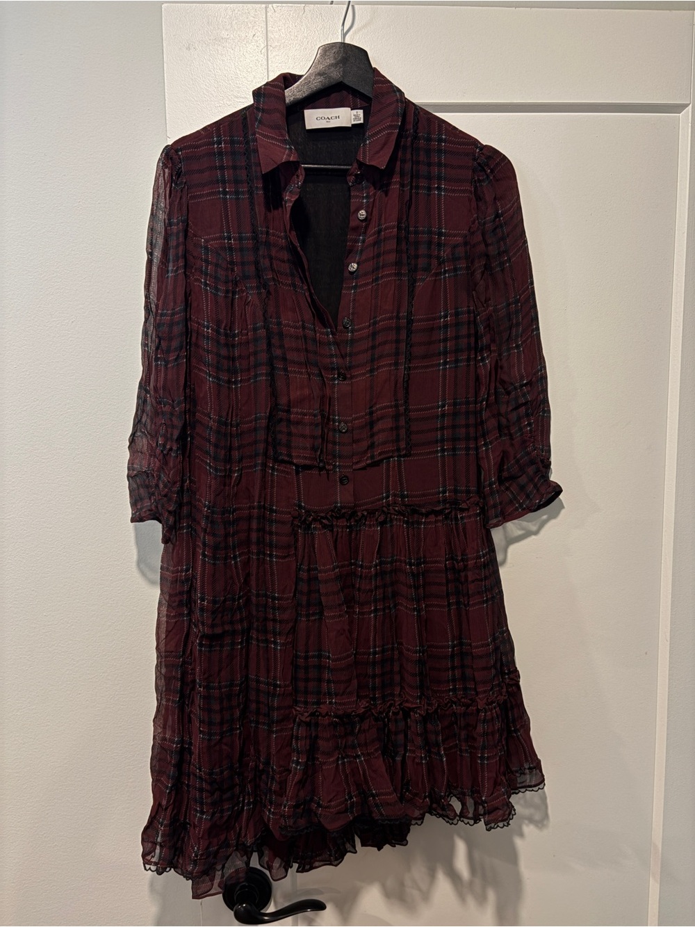 Coach Burgundy Plaid Tiered Midi Asymmetrical Dress